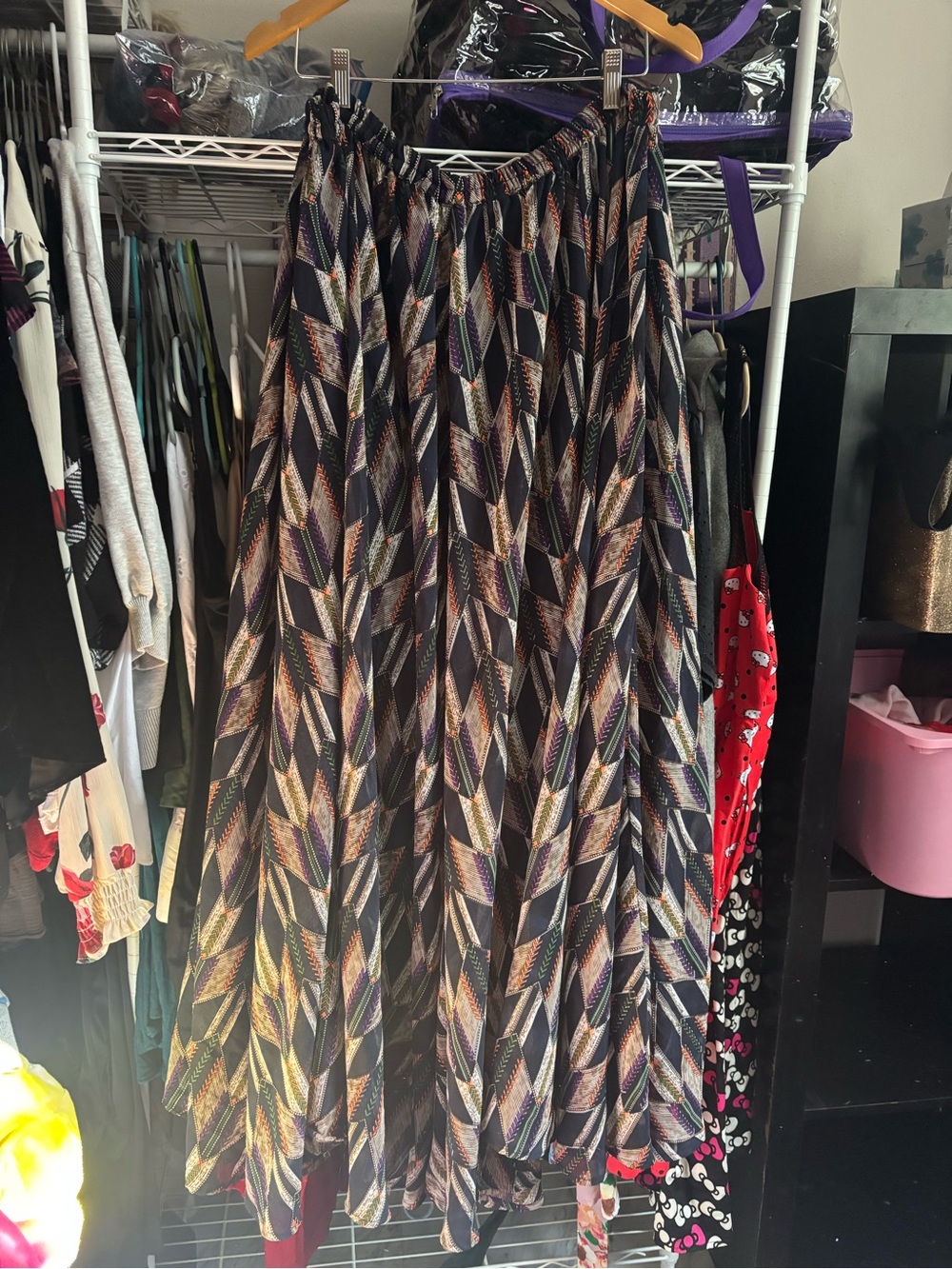 Magic Black BOHO Maxi Skirt with Multicolor Geometric Feather Print